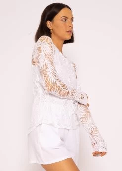 Langarmshirt Mit Spitzenmuster, Weiß