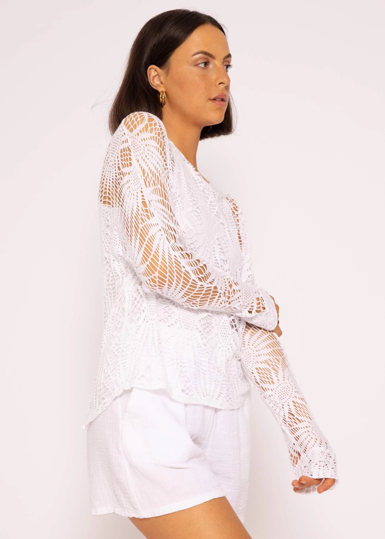 Langarmshirt Mit Spitzenmuster, Weiß 3 Langarmshirt Mit Spitzenmuster, Weiß