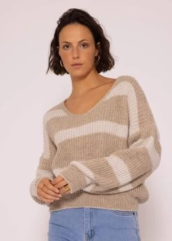 Pullover Mit Streifen Und V-Ausschnitt, Beige -Sassyclassy SassyClassy pullover mit streifen und v ausschnitt beige S3207P6118 2