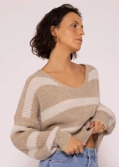 Pullover Mit Streifen Und V-Ausschnitt, Beige -Sassyclassy SassyClassy pullover mit streifen und v ausschnitt beige S3207P6118 5