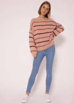 Strickpullover Mit Farbigen Streifen - Nude-mauve-lila -Sassyclassy SassyClassy pullover mit streifenarmel nude mauve lila S3207P6125 1