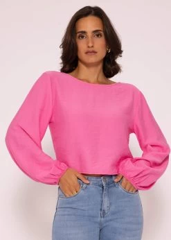 Schimmerndes Viskose Top Mit Weiten Ärmel, Himbeerrot