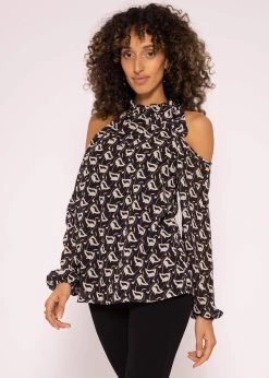 Schulterfreie Chiffonbluse Mit Print, Schwarz -Sassyclassy SassyClassy schulterfreie chiffonbluse mit print schwarz S3204B5803 9