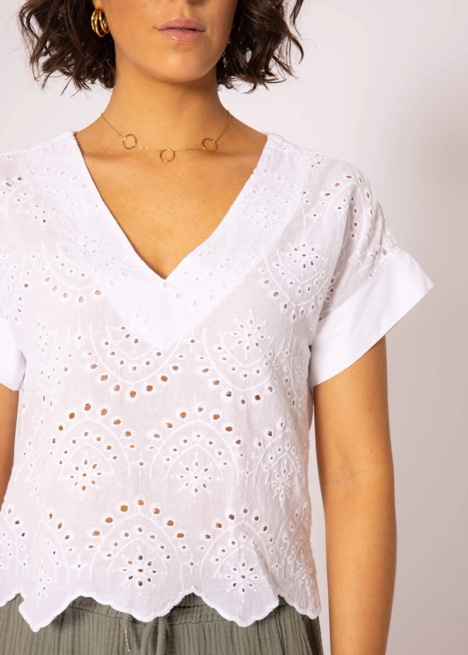 Spitzen Shirt Mit V-Ausschnitt, Weiß 3 Spitzen Shirt Mit V-Ausschnitt, Weiß