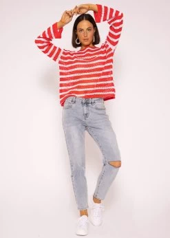 Streifen Crochet Pullover, Rot-weiß -Sassyclassy SassyClassy streifen crochet pullover rot weiss S3204B5800 1