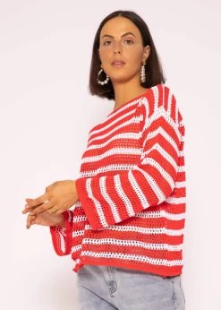 Streifen Crochet Pullover, Rot-weiß -Sassyclassy SassyClassy streifen crochet pullover rot weiss S3204B5800 3