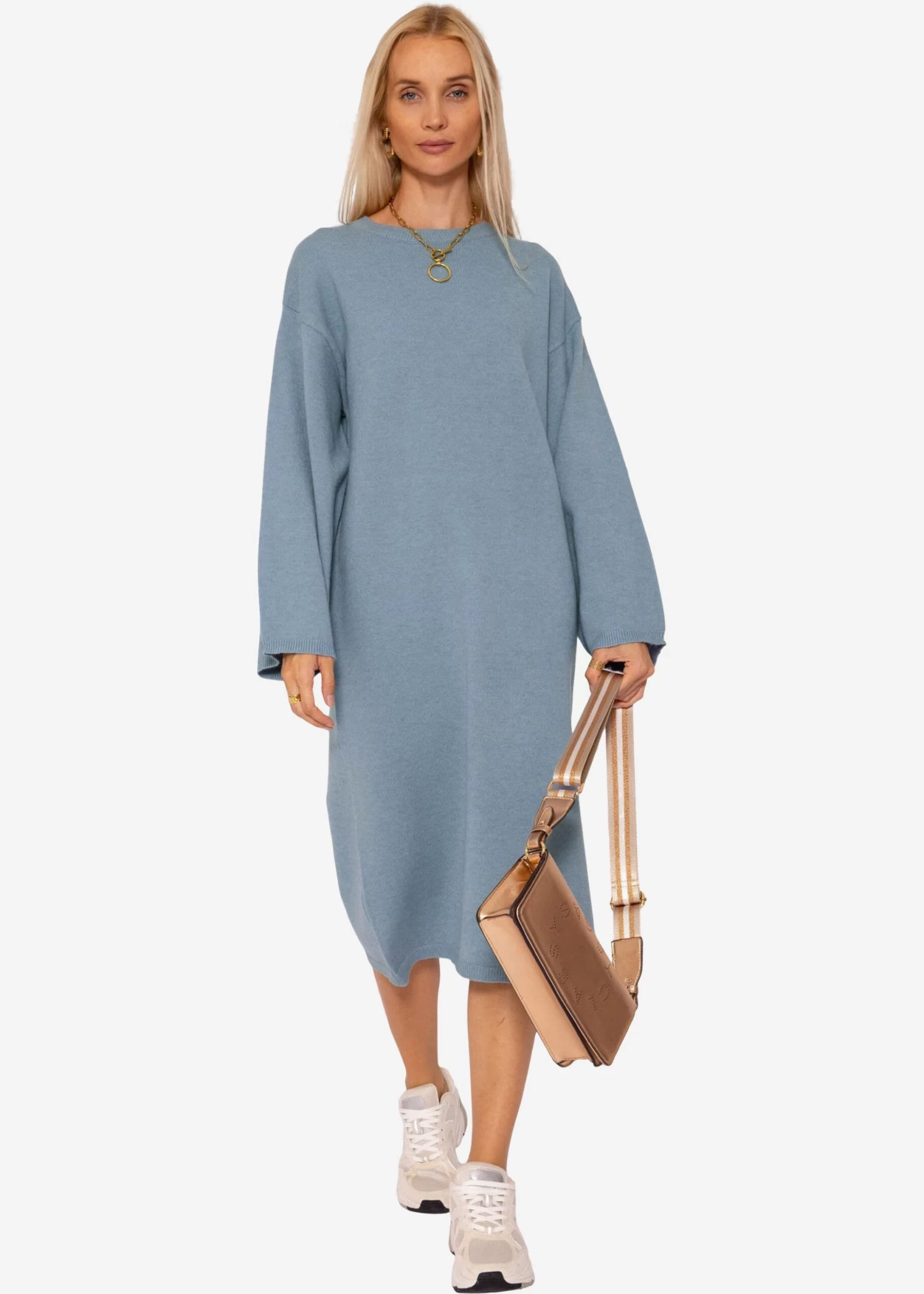 Strickkleid Mit Seitenschlitz In Midi-Länge - Jeansblau 5 Strickkleid Mit Seitenschlitz In Midi-Länge - Jeansblau – Bild 3