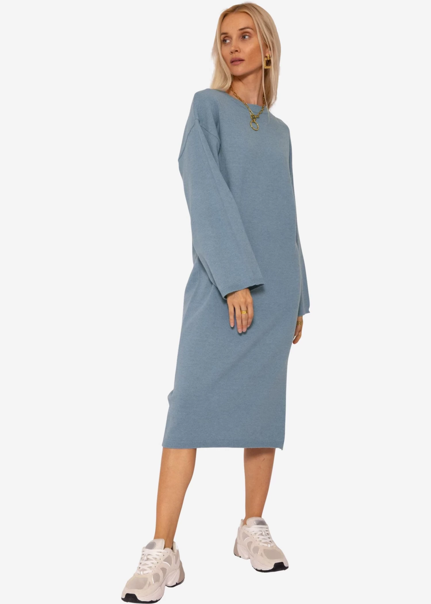 Strickkleid Mit Seitenschlitz In Midi-Länge - Jeansblau 7 Strickkleid Mit Seitenschlitz In Midi-Länge - Jeansblau – Bild 5