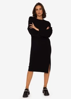 Strickkleid Mit Seitenschlitz In Midi-Länge - Schwarz -Sassyclassy SassyClassy strickkleid mit seitenschlitz in midi lange schwarz S3201B5406 6
