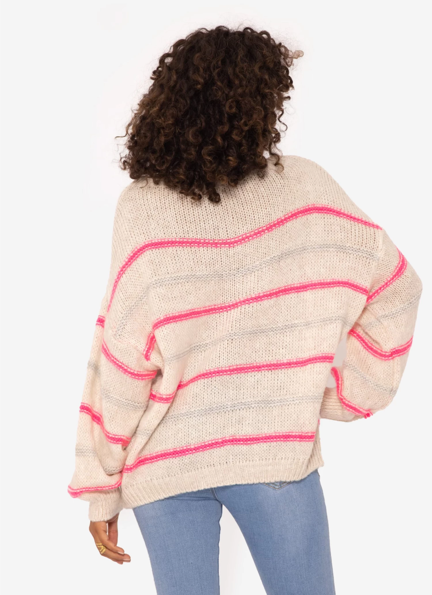 Strickpullover Mit Farbigen Streifen - Hellbeige-pink-hellgrau 8 Strickpullover Mit Farbigen Streifen - Hellbeige-pink-hellgrau – Bild 6