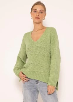 Strickpullover Mit V-Ausschnitt - Grün