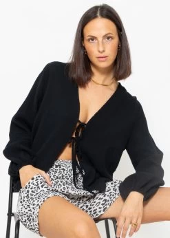 Musselin Blusenjacke Mit Bindebänder - Schwarz