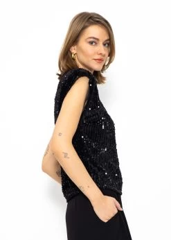 Pailletten-Top Mit Schulterpolster - Schwarz -Sassyclassy Sassyclassy Pailletten Top mit Schulterpolster schwarz S3211T6694 7