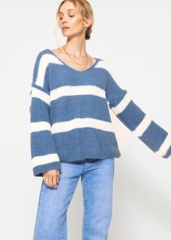 Pullover Mit Streifen Und V-Ausschnitt - Jeansblau-weiß -Sassyclassy Sassyclassy Pullover mit Streifen und V Ausschnitt jeansblau weiss S4203P6891 78laPzsx4TvyPS
