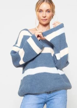 Pullover Mit Streifen Und V-Ausschnitt - Jeansblau-weiß -Sassyclassy Sassyclassy Pullover mit Streifen und V Ausschnitt jeansblau weiss S4203P6891ZQJ3N67qogs2r