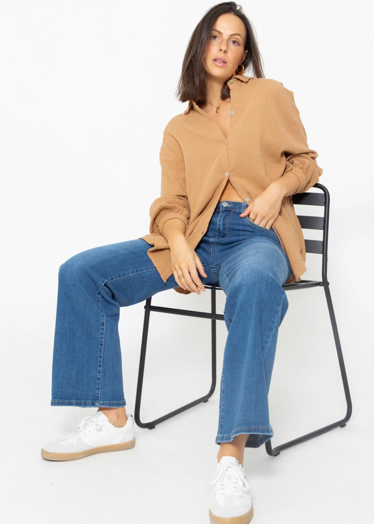 Musselin Bluse Oversize Kurz - Hellbraun 3 Musselin Bluse Oversize Kurz - Hellbraun