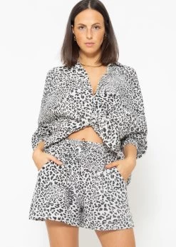 Musselin Bluse Oversize, Kurz, Mit Leo-Print, Hellbeige