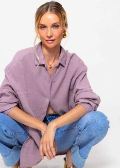 Musselin Bluse Oversize, Kurz, Violett
