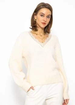 Pullover Mit Spitzen-Ausschnitt - Offwhite -Sassyclassy sassyclassy Pullover mit Spitzen Ausschnitt offwhite S3210P6533 4