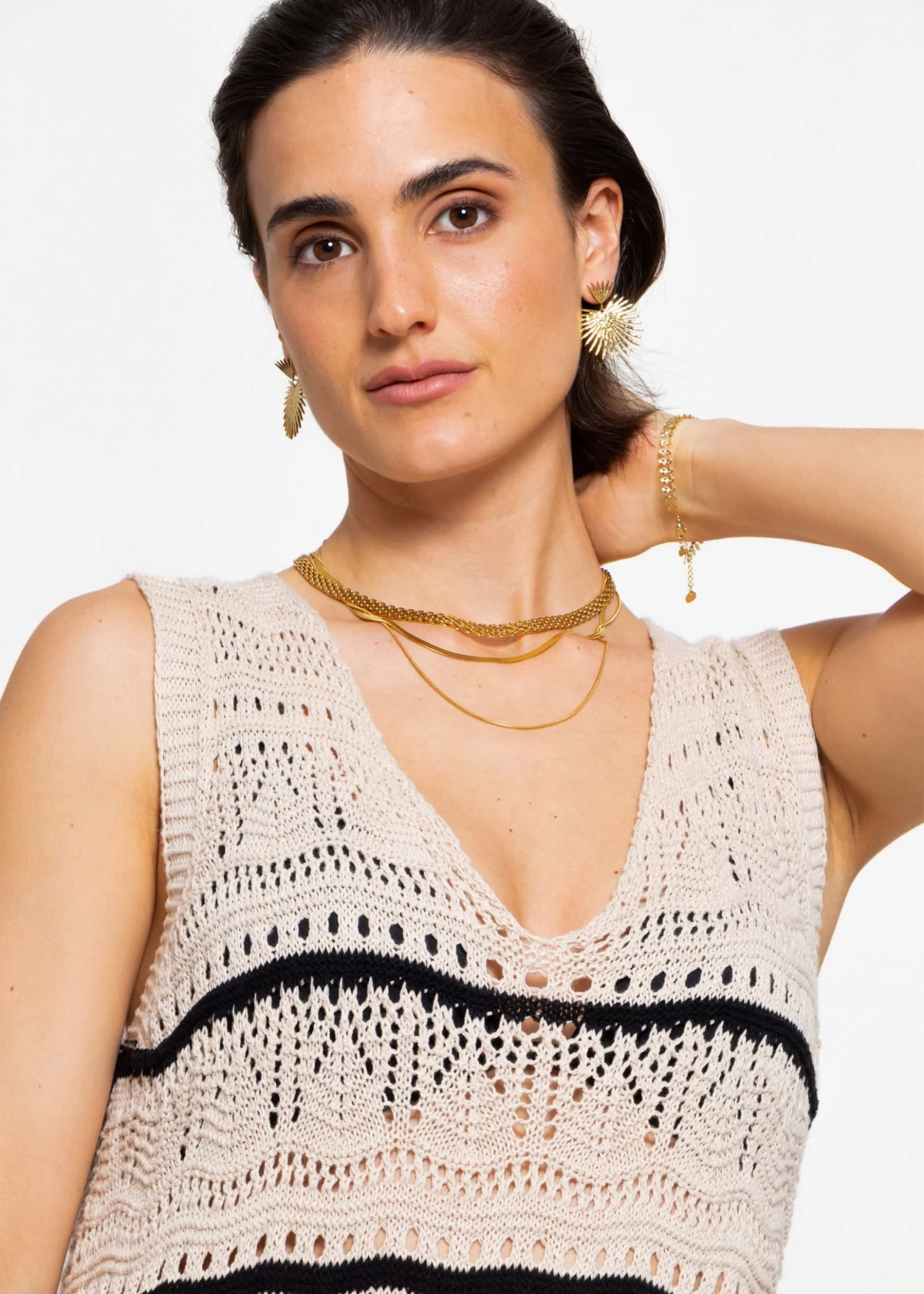Ärmelloses Strickkleid Mit Strukturmuster - Beige-schwarz 10 Ärmelloses Strickkleid Mit Strukturmuster - Beige-schwarz – Bild 8