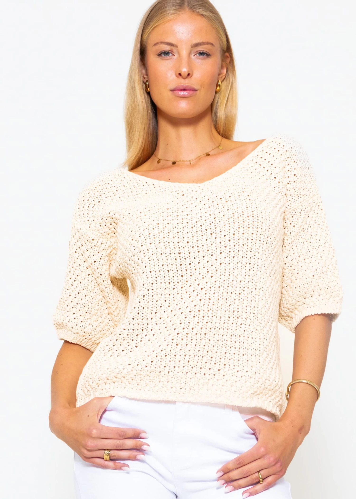 Baumwoll-Pullover Mit V-Ausschnitt - Beige 8 Baumwoll-Pullover Mit V-Ausschnitt - Beige – Bild 6
