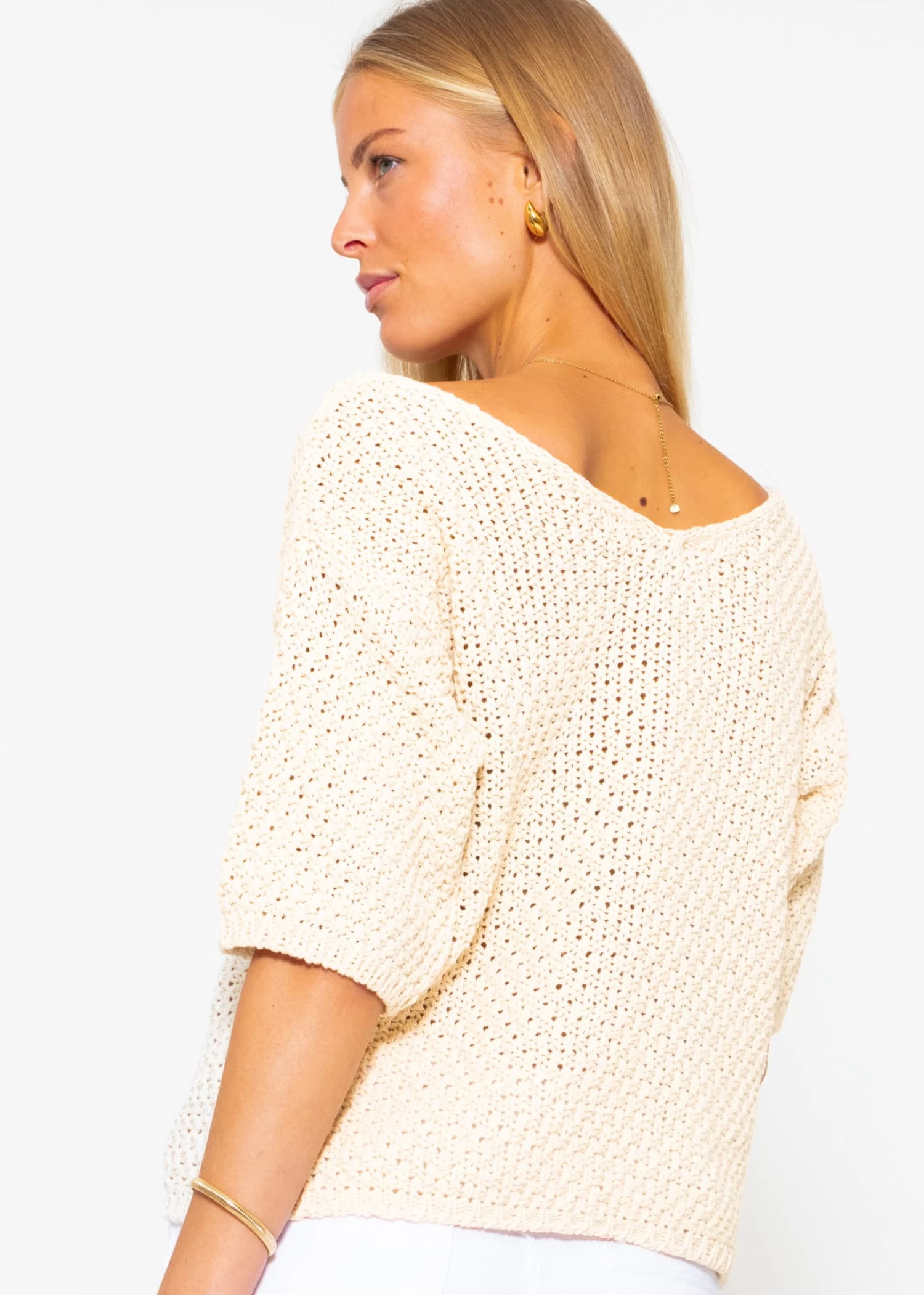 Baumwoll-Pullover Mit V-Ausschnitt - Beige 9 Baumwoll-Pullover Mit V-Ausschnitt - Beige – Bild 7