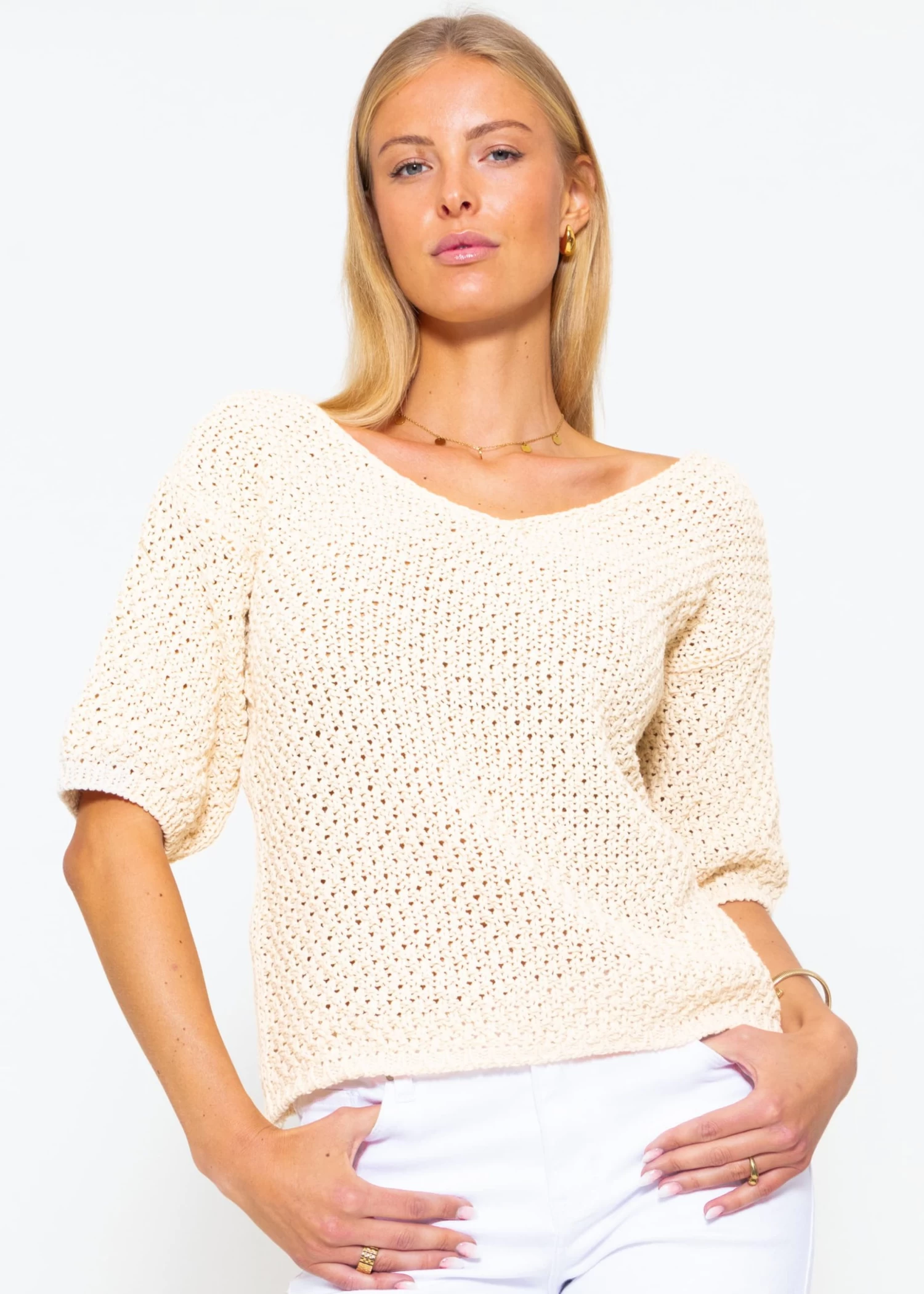 Baumwoll-Pullover Mit V-Ausschnitt - Beige 3 Baumwoll-Pullover Mit V-Ausschnitt - Beige