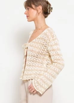 Crop Cardigan In Ajourstrick Mit Bindebänder - Beige-offwhite -Sassyclassy sassyclassy crop cardigan in ajourstrick mit bindebander beige offwhite S4203C6982 6
