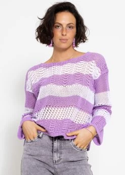 Gestreifter Ajour-Strickpullover - Flieder-weiß -Sassyclassy sassyclassy gestreifter ajour strickpullover flieder weiss S4203P6956