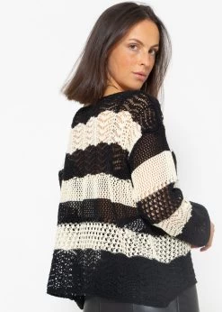 Gestreifter Ajour-Strickpullover - Schwarz-beige -Sassyclassy sassyclassy gestreifter ajour strickpullover schwarz beige S4203P6867 2