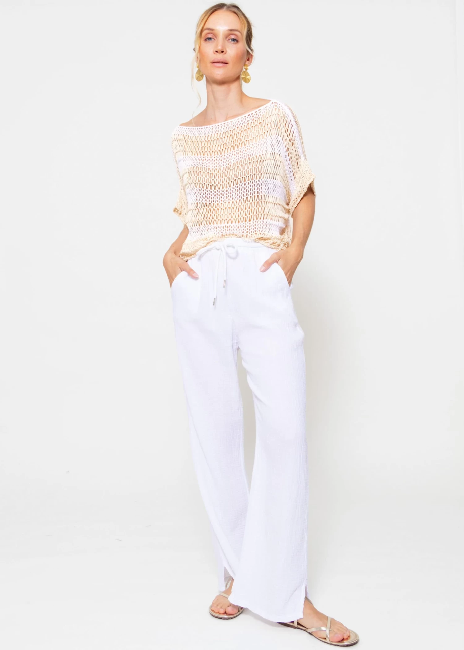 Grobmaschiger Gestreifter Crop Pullover - Beige-weiß 4 Grobmaschiger Gestreifter Crop Pullover - Beige-weiß – Bild 2