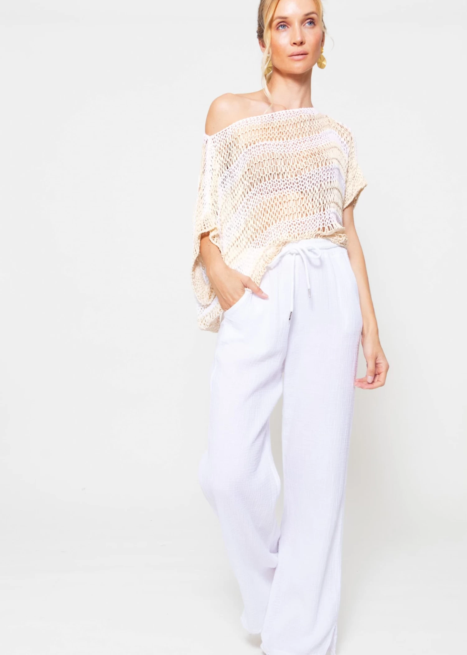 Grobmaschiger Gestreifter Crop Pullover - Beige-weiß 6 Grobmaschiger Gestreifter Crop Pullover - Beige-weiß – Bild 4