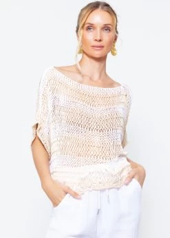 Grobmaschiger Gestreifter Crop Pullover - Beige-weiß