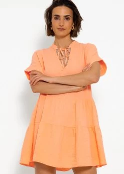 Kurzes Musselin Kleid Mit Volants - Peach