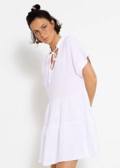 Kurzes Musselin Kleid Mit Volants - Weiß