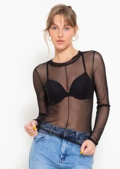 Langarmshirt In Netz-Optik, Schwarz