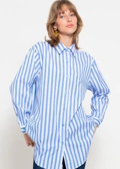 Langes, Gestreiftes Blusenhemd Mit Logo-Print - Hellblau -Sassyclassy sassyclassy langes gestreiftes blusenhemd mit logo print hellblau S4203E6965 5