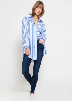 Langes, Gestreiftes Blusenhemd Mit Logo-Print - Hellblau -Sassyclassy sassyclassy langes gestreiftes blusenhemd mit logo print hellblau S4203E6965 7