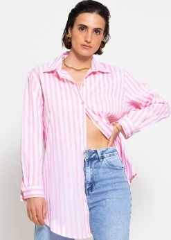 Langes, Gestreiftes Blusenhemd Mit Logo-Print - Rosa -Sassyclassy sassyclassy langes gestreiftes blusenhemd mit logo print rosa S4203E6966 10