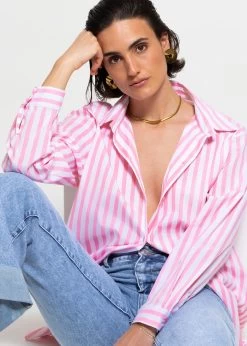 Langes, Gestreiftes Blusenhemd Mit Logo-Print - Rosa