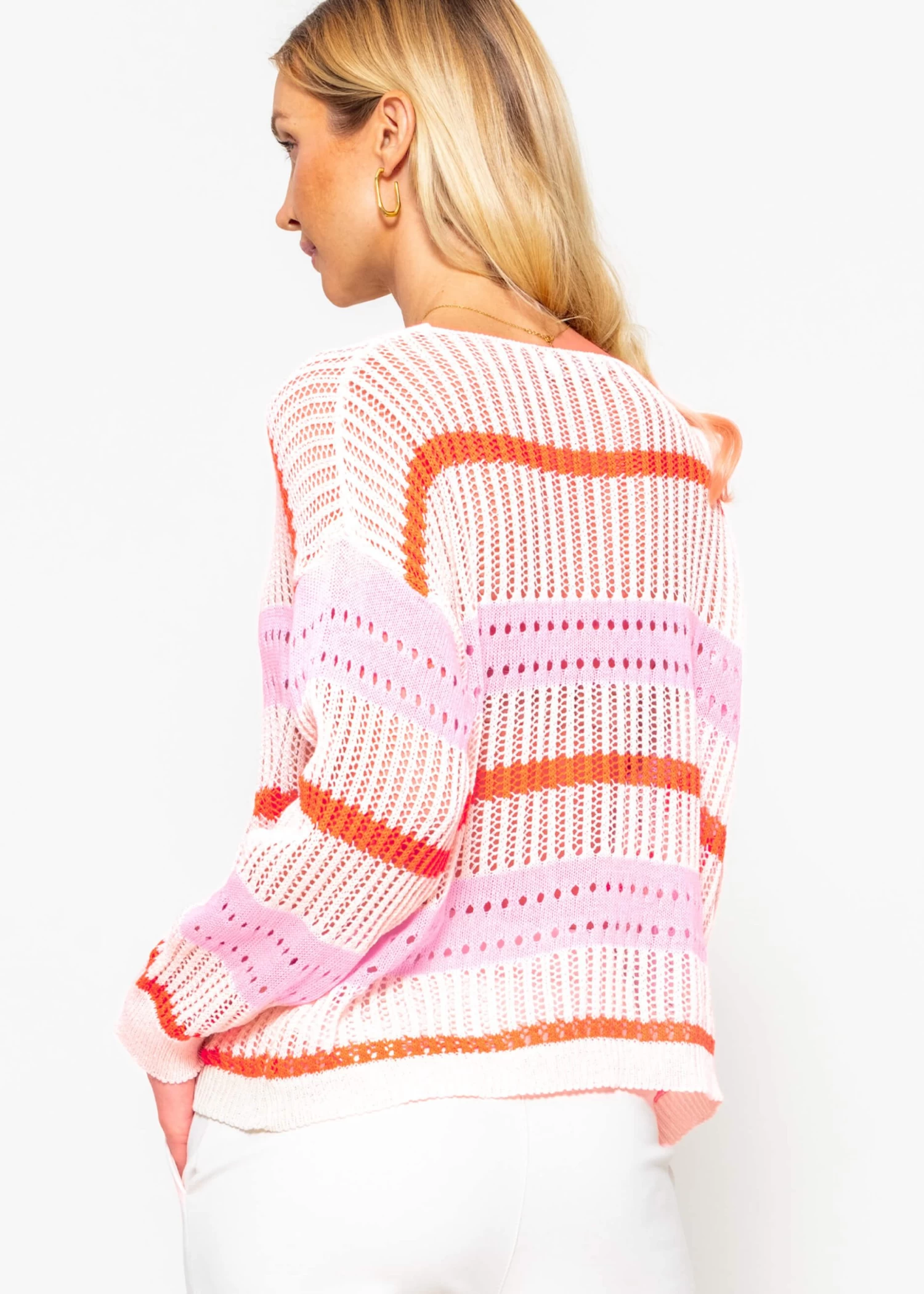 Lochstrick Pullover Mit V-Ausschnitt - Offwhite-rosa-orange 8 Lochstrick Pullover Mit V-Ausschnitt - Offwhite-rosa-orange – Bild 6