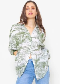 Musselin Bluse Mit Print, Khaki