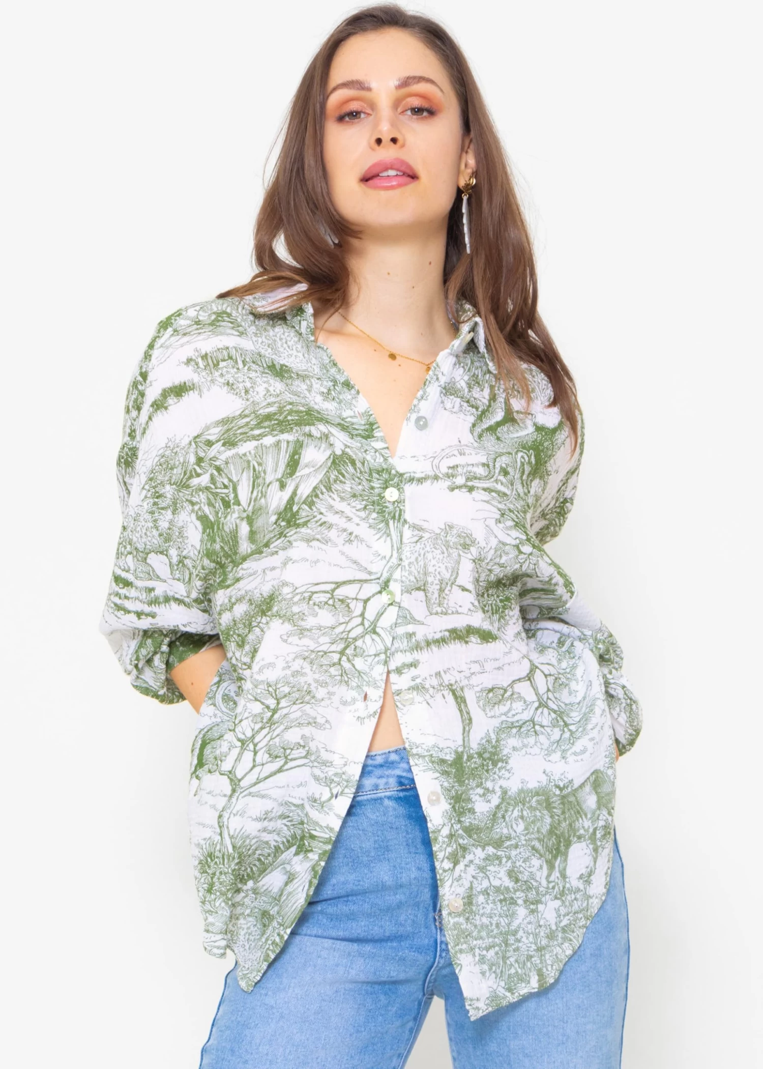 Musselin Bluse Mit Print, Khaki 3 Musselin Bluse Mit Print, Khaki