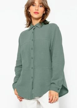 Musselin Bluse Mit Ziernähten - Salbeigrün