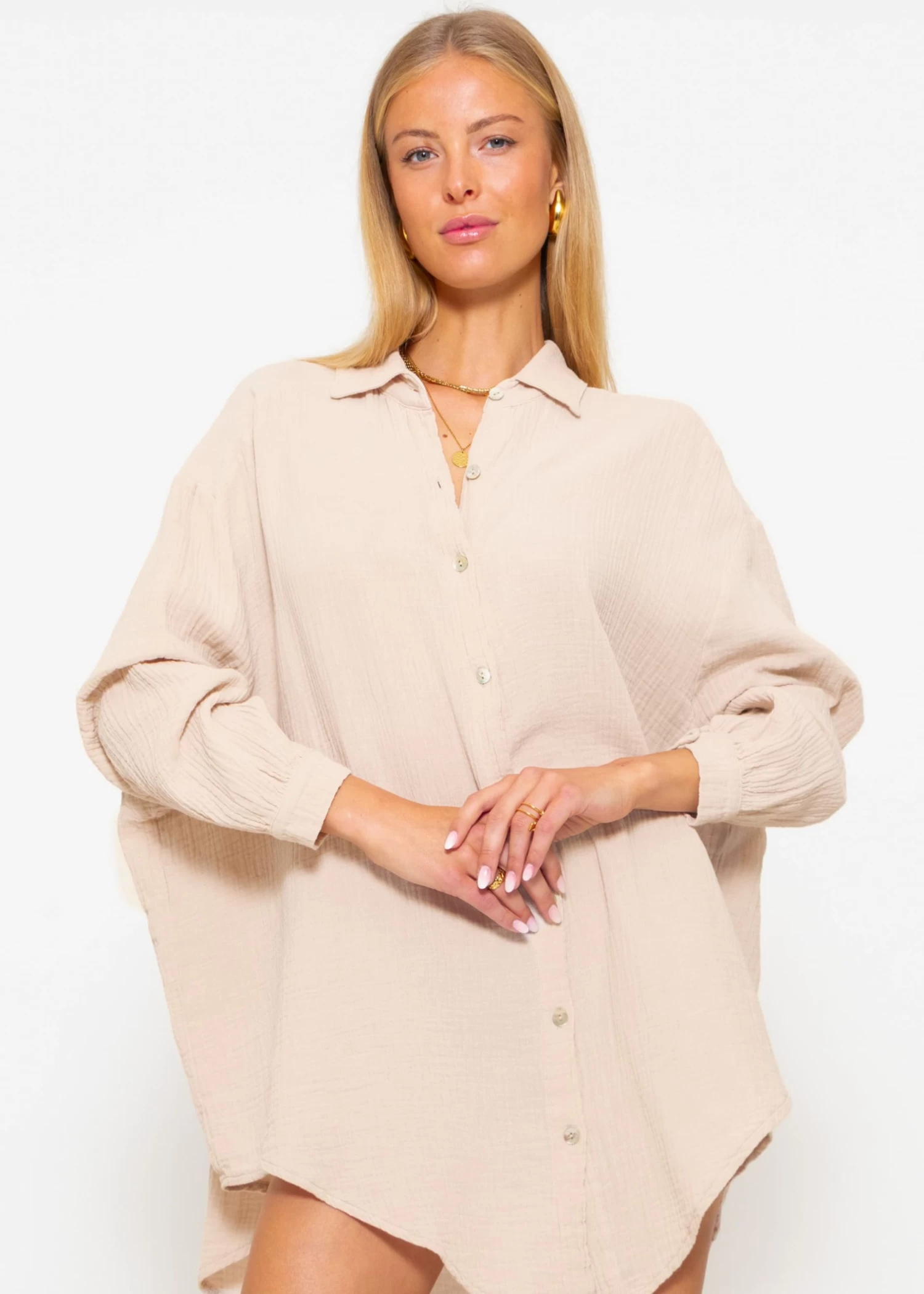 Musselin Bluse Oversize, Beige 5 Musselin Bluse Oversize, Beige – Bild 3