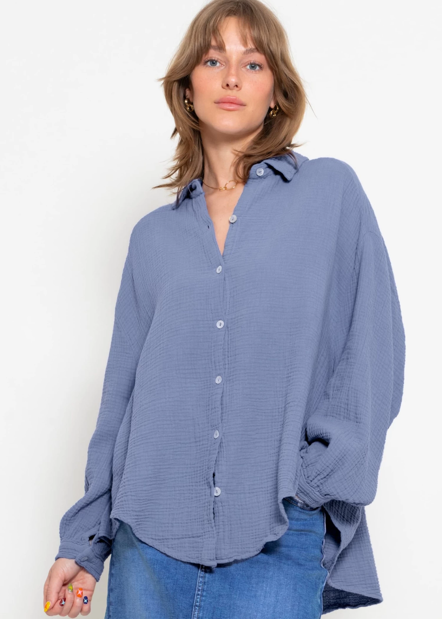 Musselin Bluse Oversize, Kurz, Blau 3 Musselin Bluse Oversize, Kurz, Blau