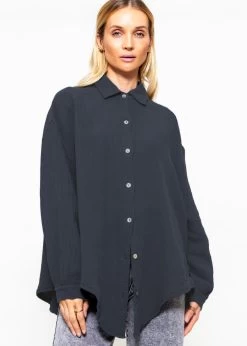 Musselin Bluse Oversize, Kurz, Dunkelgrau