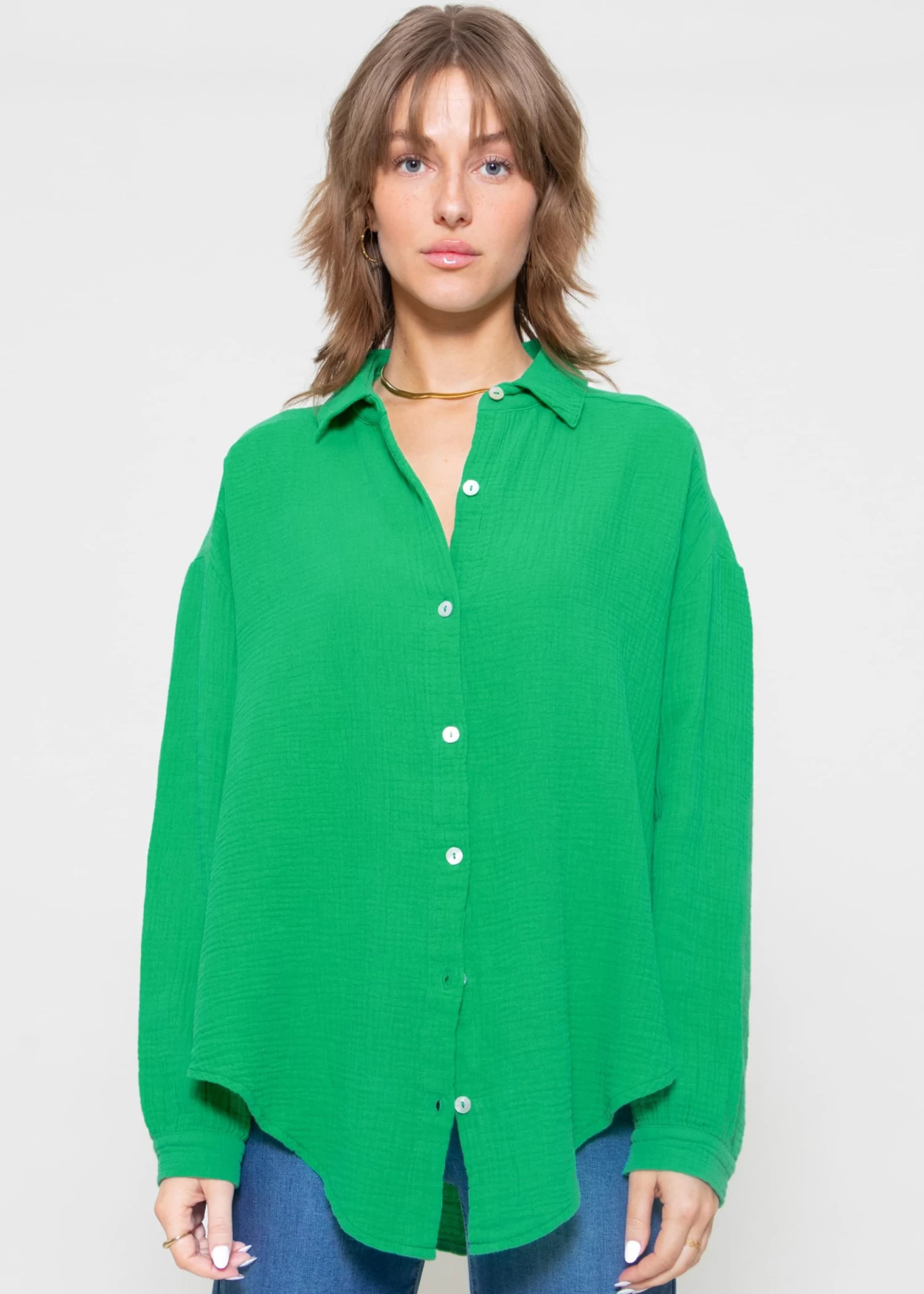 Musselin Bluse Oversize, Kurz, Grün 4 Musselin Bluse Oversize, Kurz, Grün – Bild 2