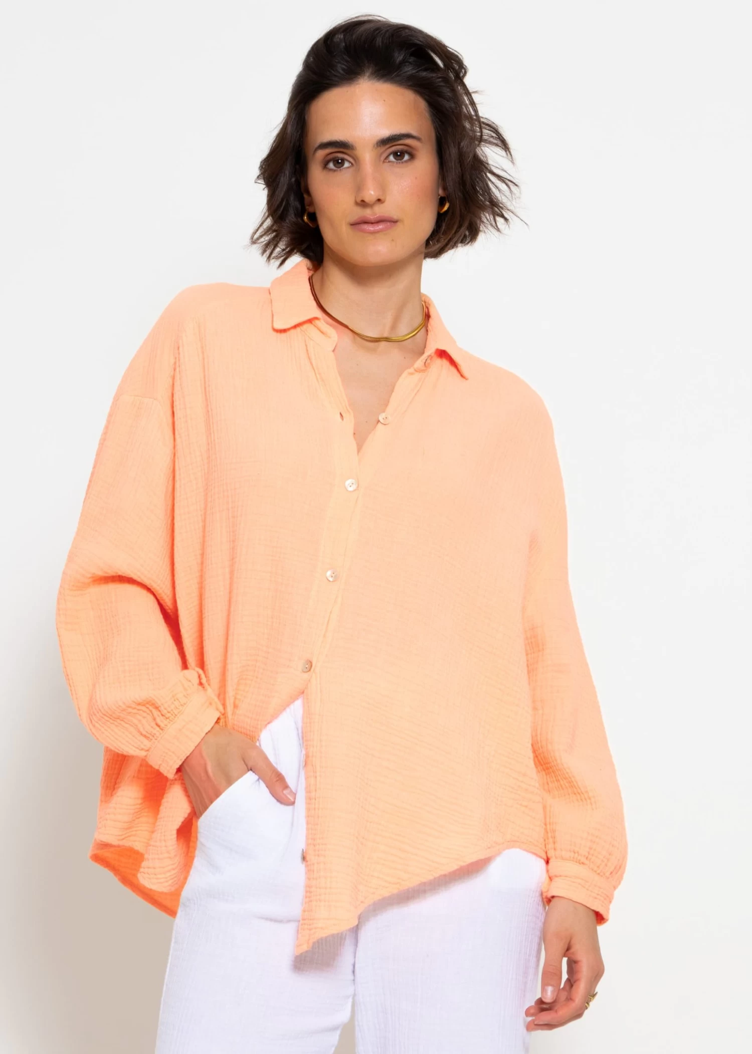 Musselin Bluse Oversize, Kurz - Peach 3 Musselin Bluse Oversize, Kurz - Peach