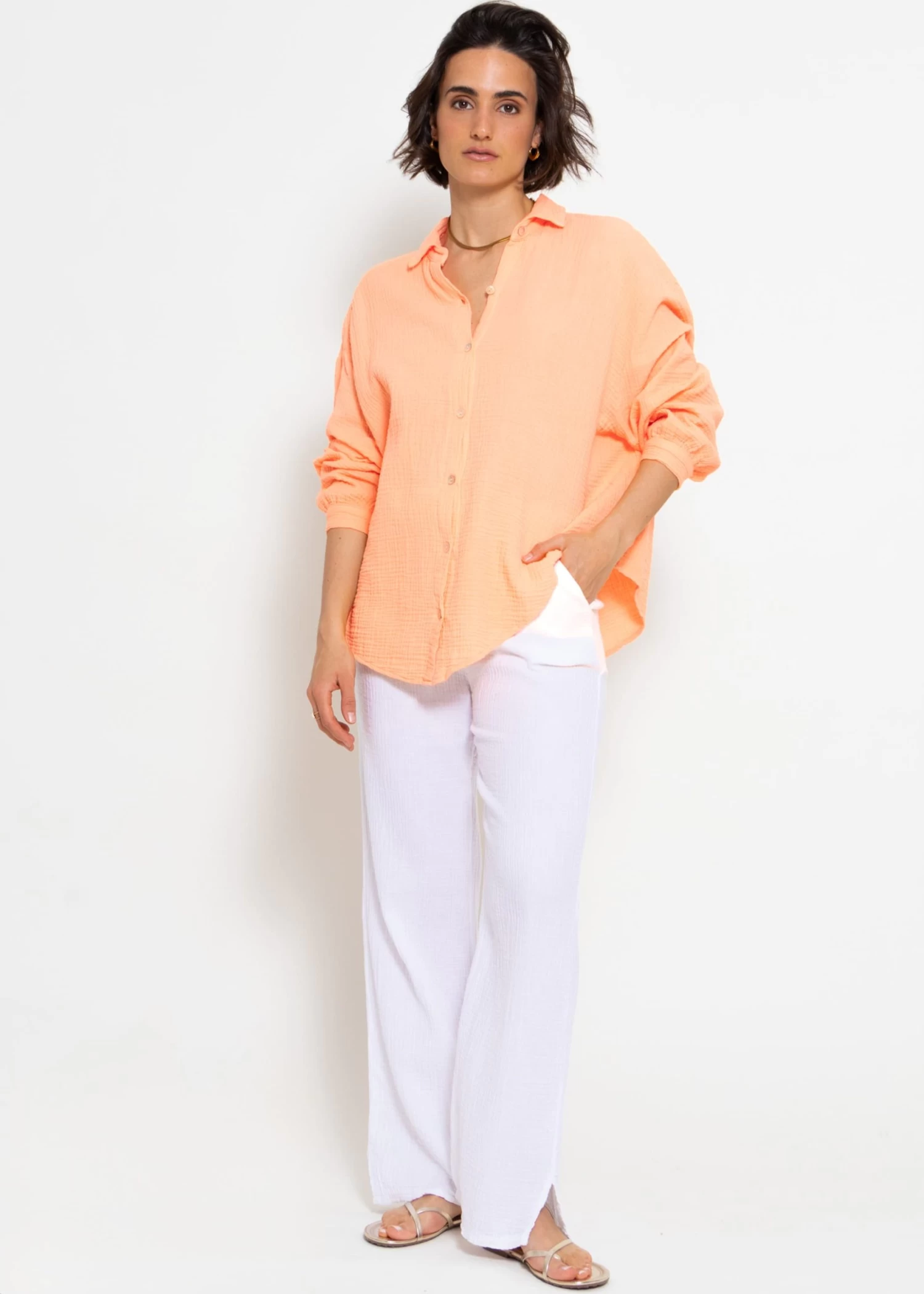 Musselin Bluse Oversize, Kurz - Peach 4 Musselin Bluse Oversize, Kurz - Peach – Bild 2